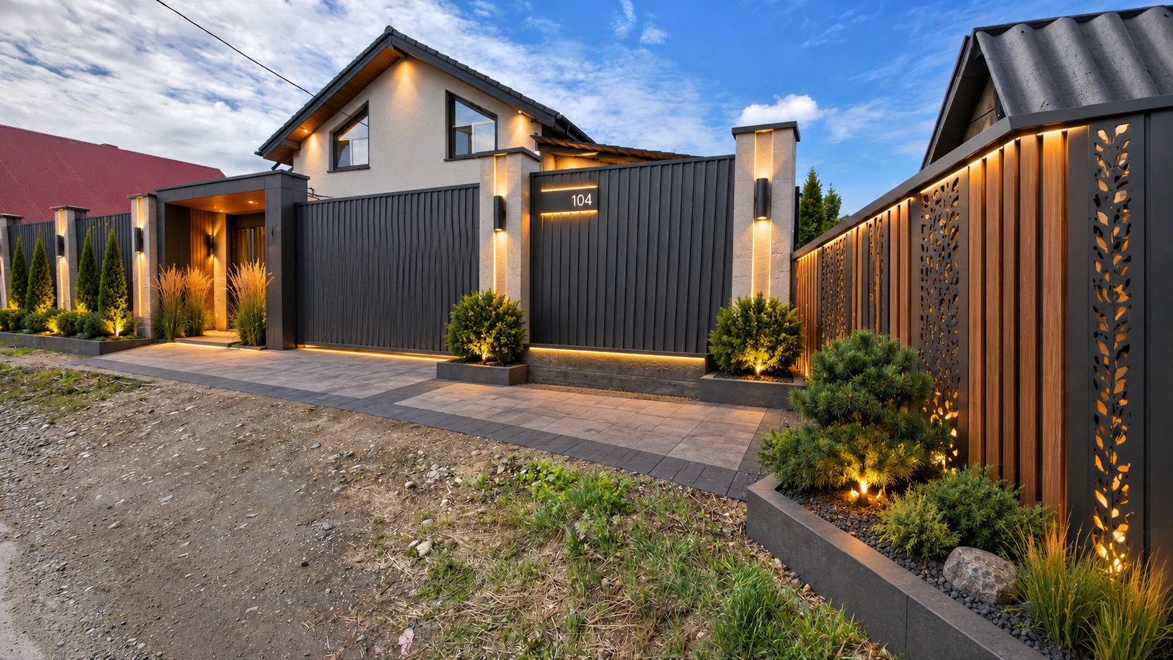 Вариант въезда во двор с завершённым фасадом дома, новым декоративным ограждением и озеленением