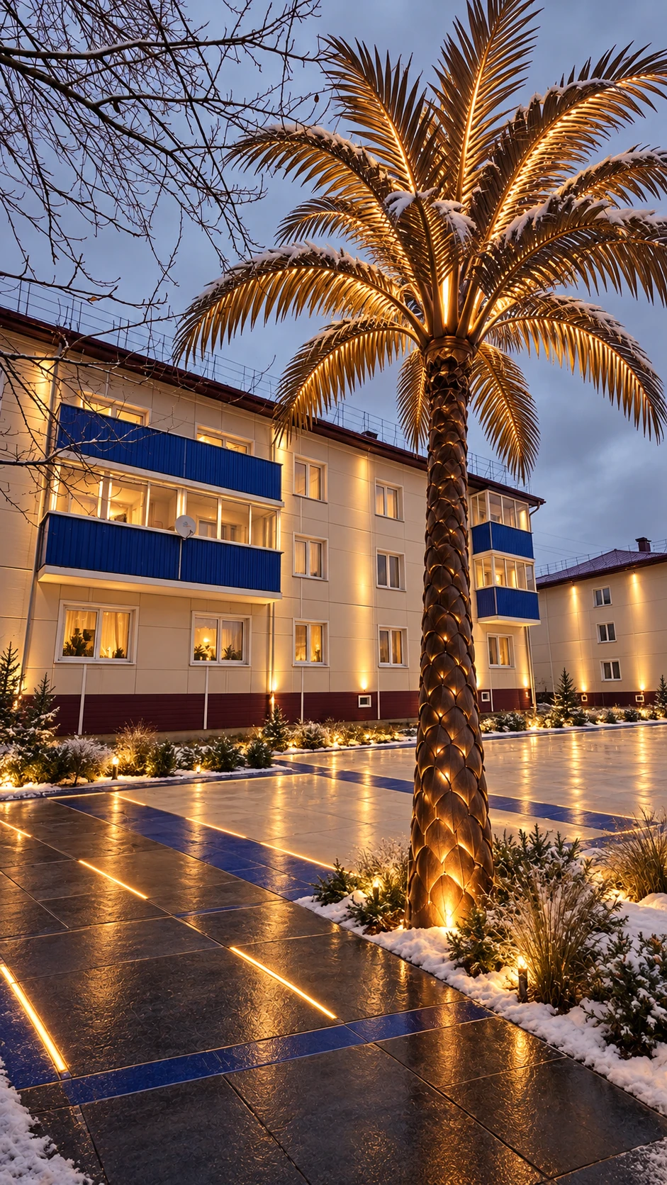 Обновлённый жилой дом на Трактовой 68а в Зиме со светлым фасадом, новым мощением и благоустроенной территорией