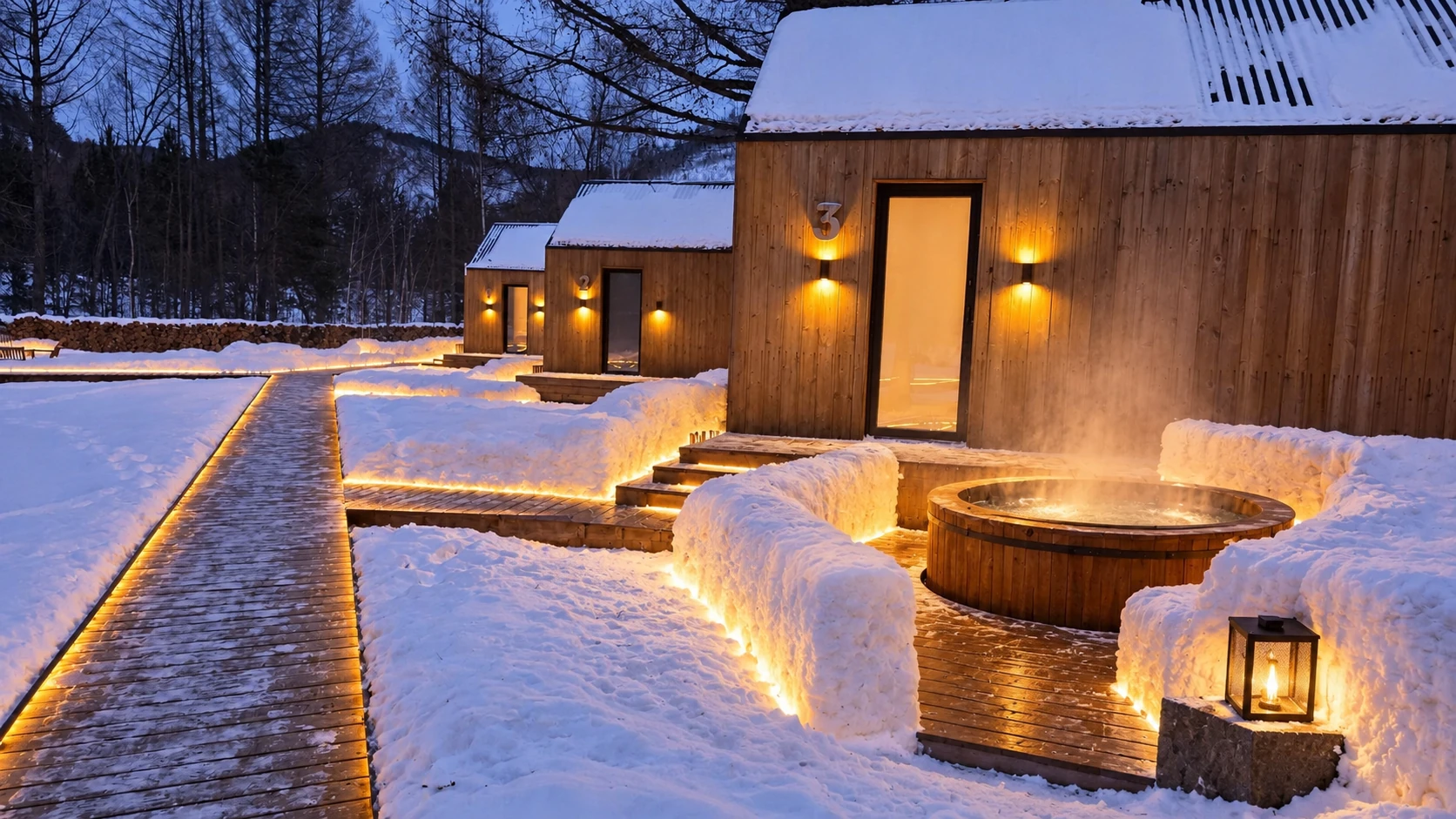 Снежный spa-каньон — Зимний двор с деревянными домиками и подсвеченными настилами